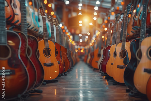 Guitar shop with many different types of guitars
