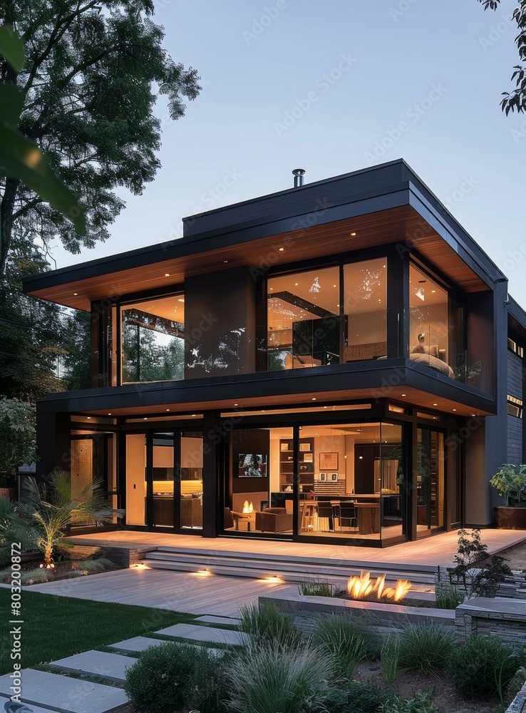 Black exterior house with large glass windows and a modern design
