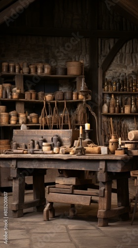 A wooden table in a dark room with shelves on the walls and various objects on the table photo