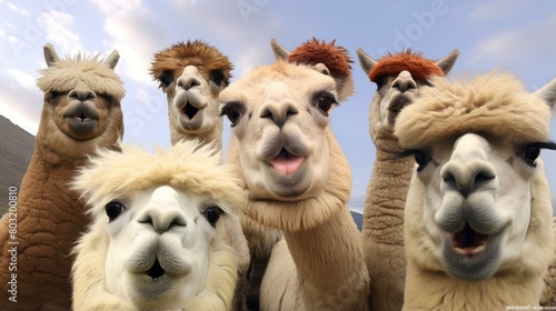 A group of alpacas looking at the camera photo