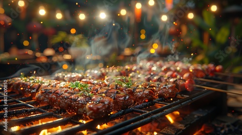 Mouthwatering BBQ on the grill  while a festive party unfolds in the background  blending flavors and fun.
