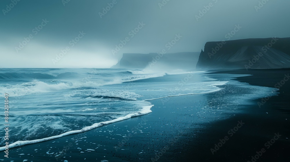 Black sand beach in Iceland with large waves crashing on the shore Black sand beach in Iceland with large waves crashing on the shore