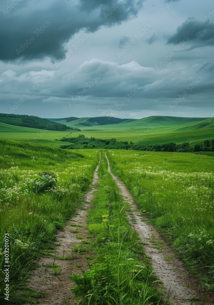Dirt road through a lush green field on a cloudy day