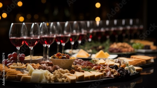 Red and white wine glasses with cheese and crackers photo