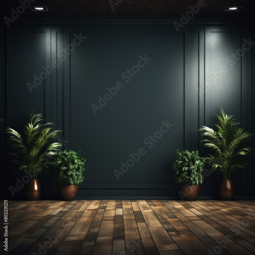 Dark green room with wooden floor and plants