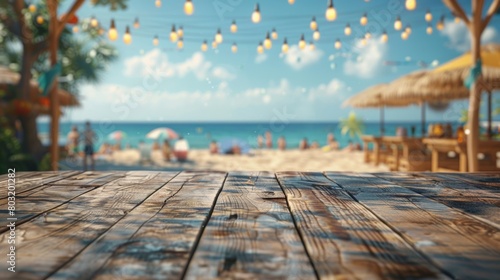 An unoccupied wooden table with a lively beach party as the backdrop, evoking the spirit of carefree summer days. photo