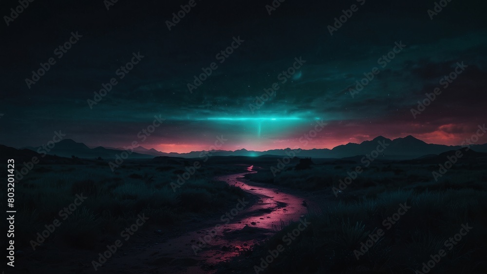 Fototapeta premium Illustration of fantasy land and mountains on purple moon background 