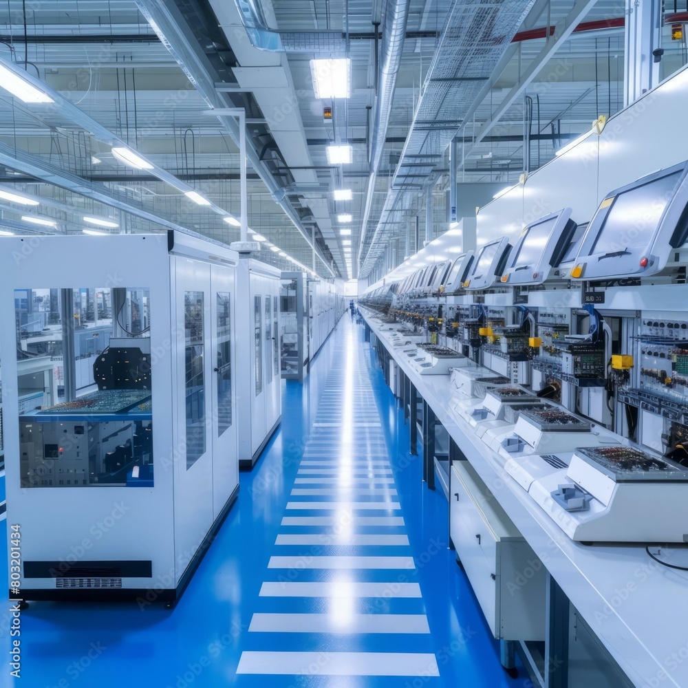 Modern interior of bright factory with blue epoxy floor and white equipment