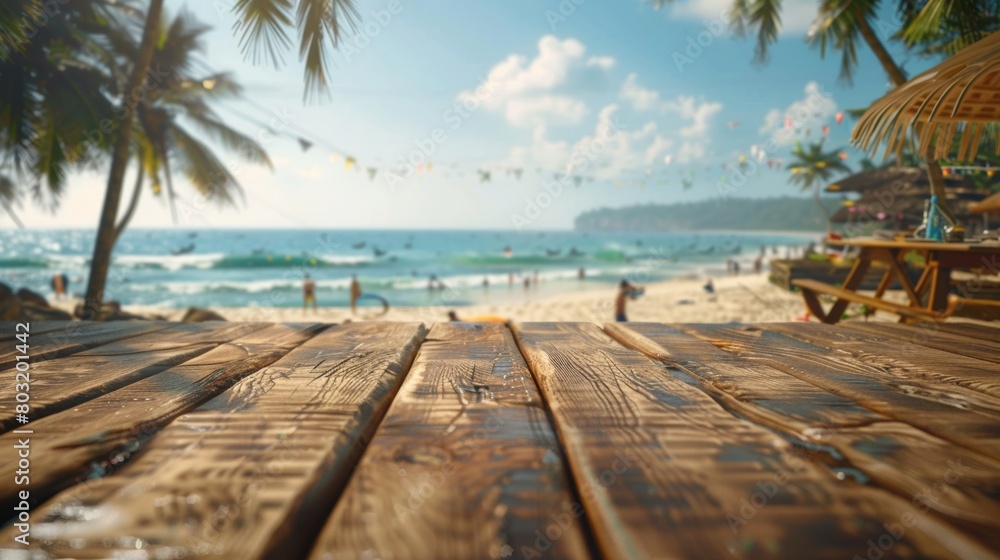 Fototapeta premium An unoccupied wooden table set against the backdrop of a lively beach party, beckoning guests to join the fun-filled scene.