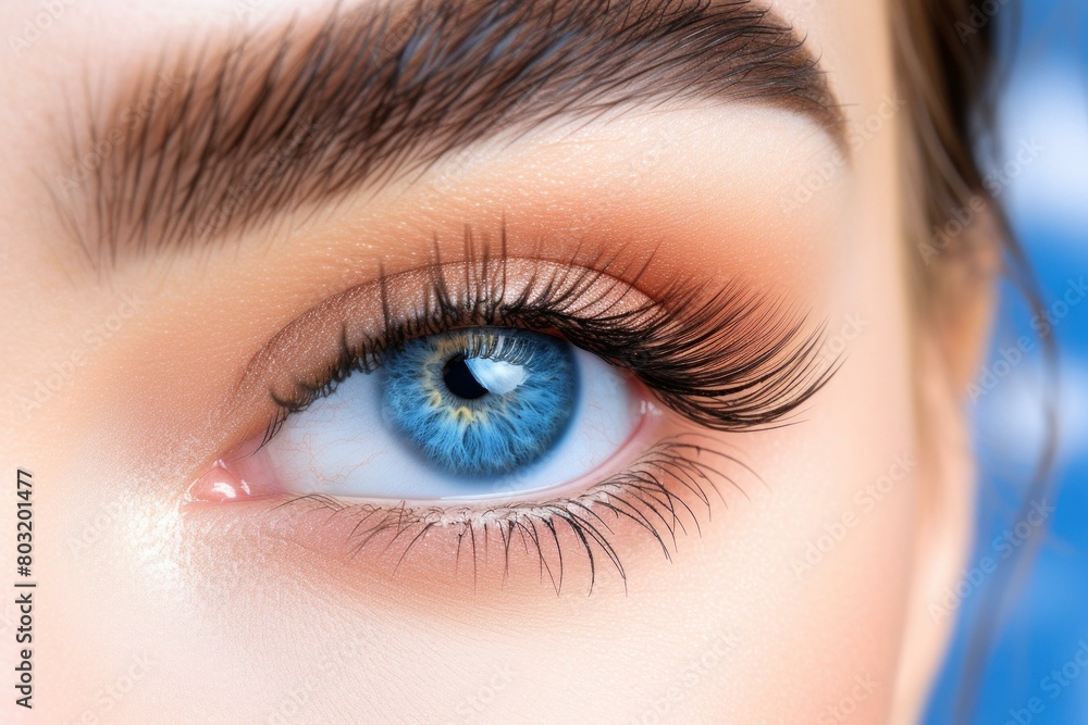 Close up of a woman's blue eye with long false eyelashes Close up of a woman's blue eye with long false eyelashes