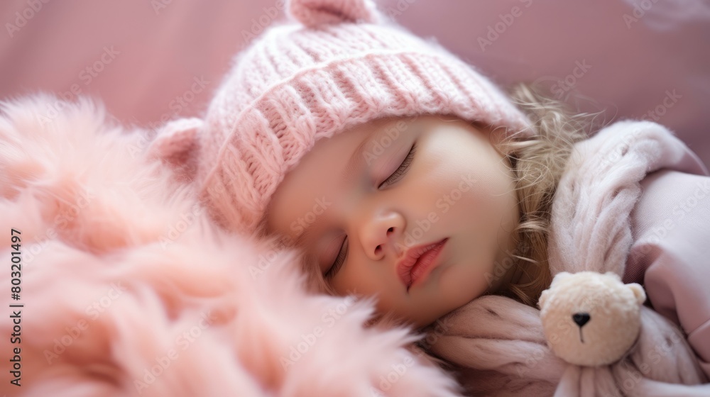 An adorable baby girl sleeping soundly with a pink stuffed animal