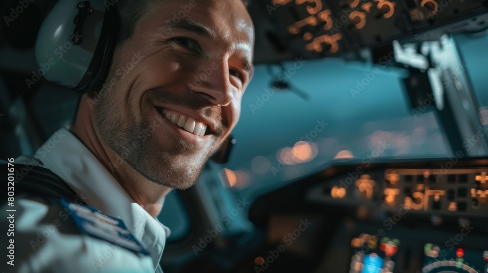 Pilot Jhonny smiles in airplane cockpit Pilot Jhonny smiles in airplane cockpit
