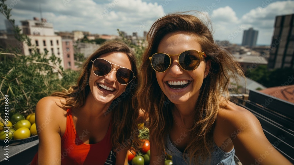 Two happy young women friends taking selfie on rooftop garden