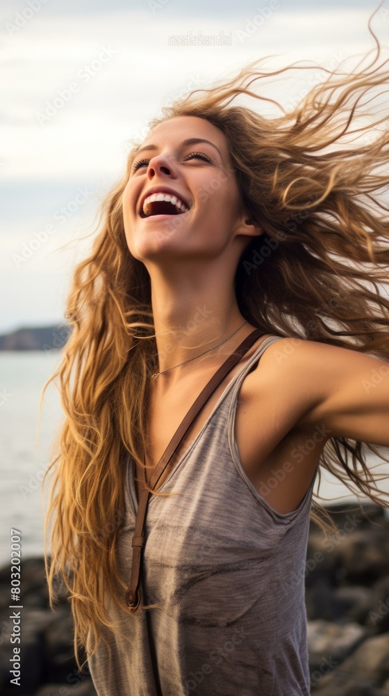 Laughing blonde woman throwing her head back with joy Laughing blonde woman throwing her head back with joy