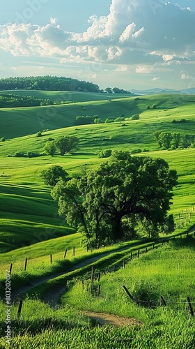 Countryside landscape with green hills and a lonely tree