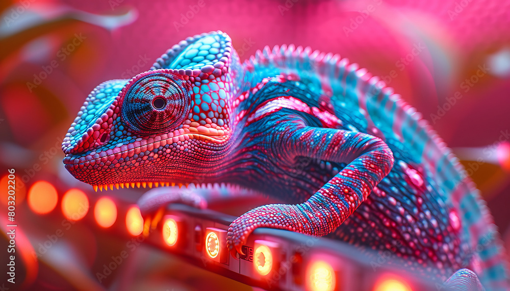 a colorful chameleon is climbing on a RGB LED strip light,generative ai a colorful chameleon is climbing on a RGB LED strip light,generative ai