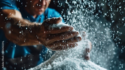 Close-up of men's hands tossing salt, on a dark background photo