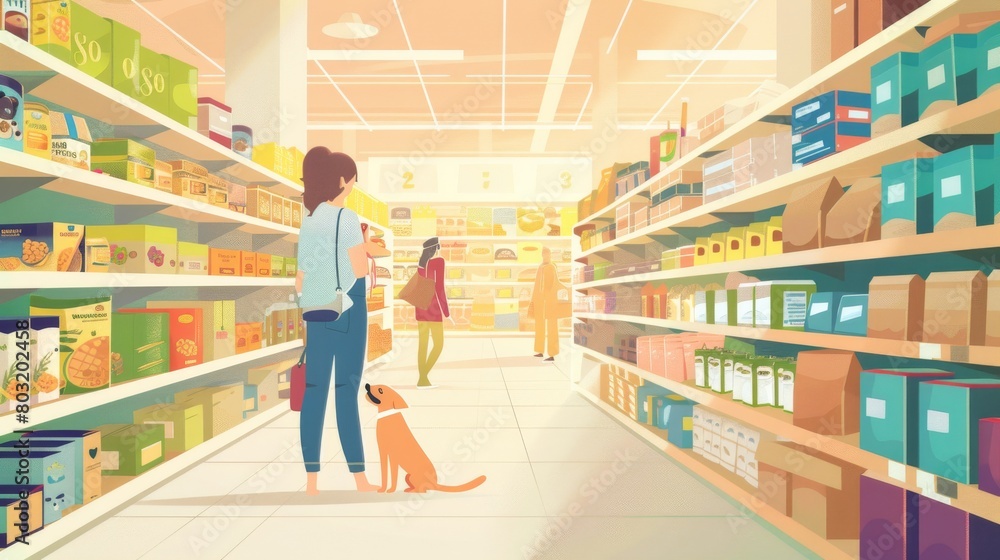 Shoppers with pets explore a well-stocked supermarket featuring diverse products
