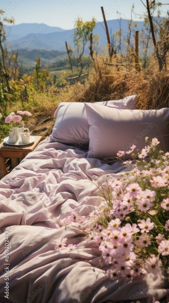 Fototapeta premium A dreamy outdoor bed adorned with pillows and surrounded by wildflowers
