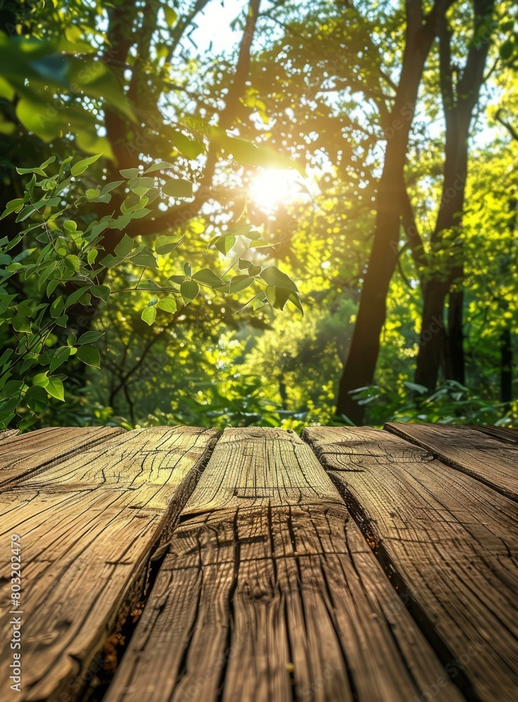 Wooden table in the middle of a lush green forest with bright sunlight shining through the trees Wooden table in the middle of a lush green forest with bright sunlight shining through the trees