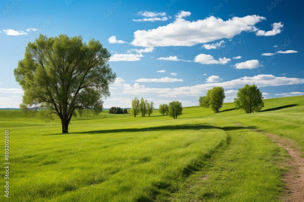 Green rolling hills with a blue sky and white clouds