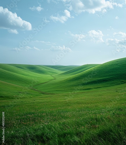 idyllic green rolling hills landscape with wildflowers under blue sky and white clouds