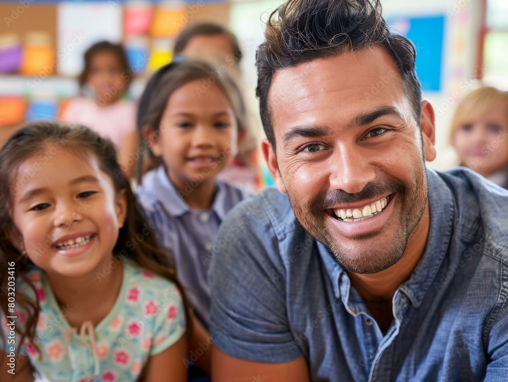 Happy teacher with diverse group of students in classroom Happy teacher with diverse group of students in classroom