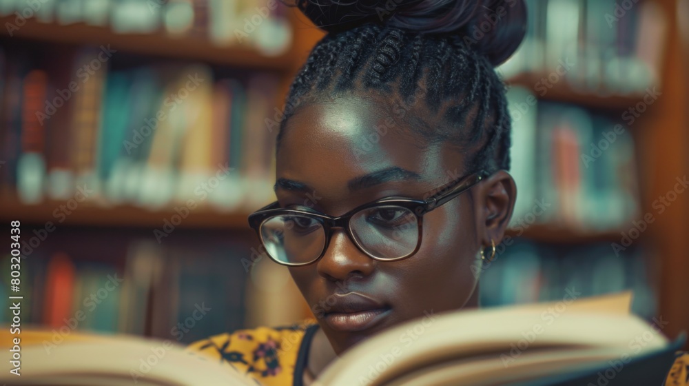 A woman engrossed in reading a book among library shelves A woman engrossed in reading a book among library shelves