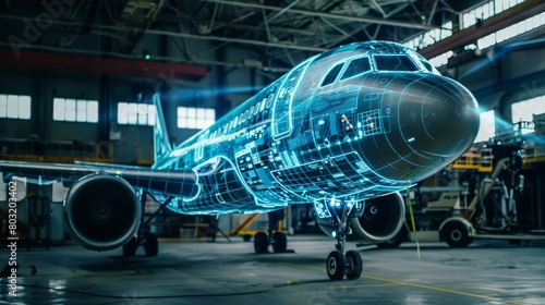 Hologram technology is being used on airplane to create realistic D projections in midair, Generated by AI