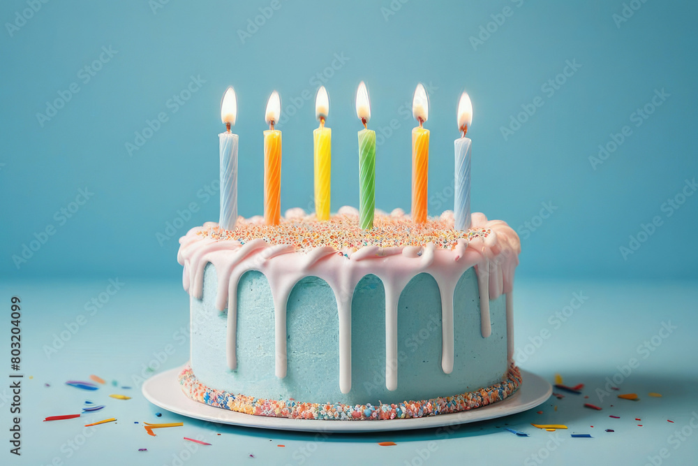 birthday cake with 6 six candles on pastel blue background Stock Photo ...