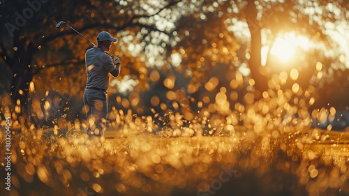 dynamic sport photography, shoulder level, Polish man playing golf,generative ai photo