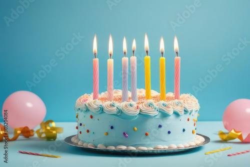 Wallpaper Mural birthday cake with 7 seven candles on pastel blue background Torontodigital.ca