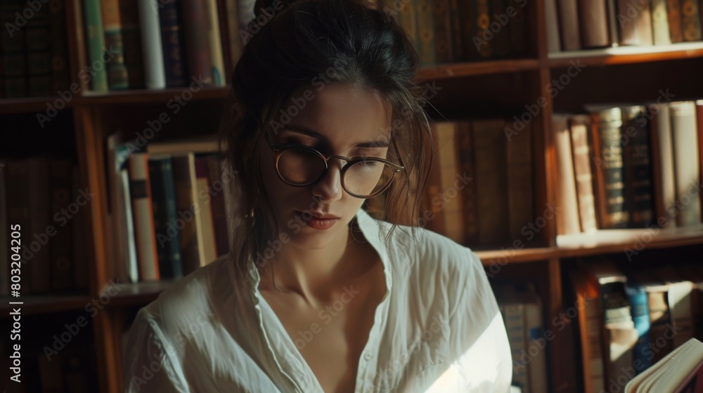 A woman engrossed in reading a book while standing in front of a bookshelf A woman engrossed in reading a book while standing in front of a bookshelf