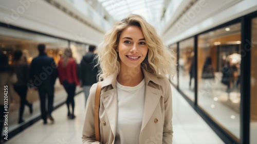 A young woman with blonde hair smiles at the camera while walking through a shopping mall