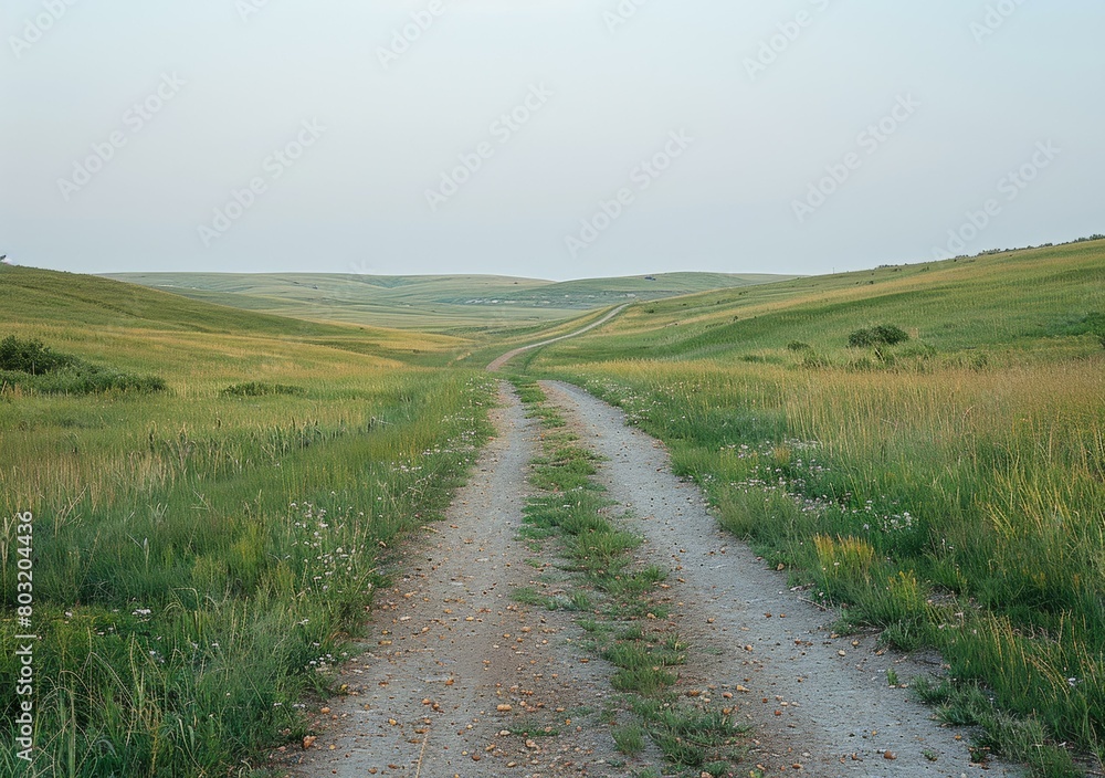 Prairie road through the green hills