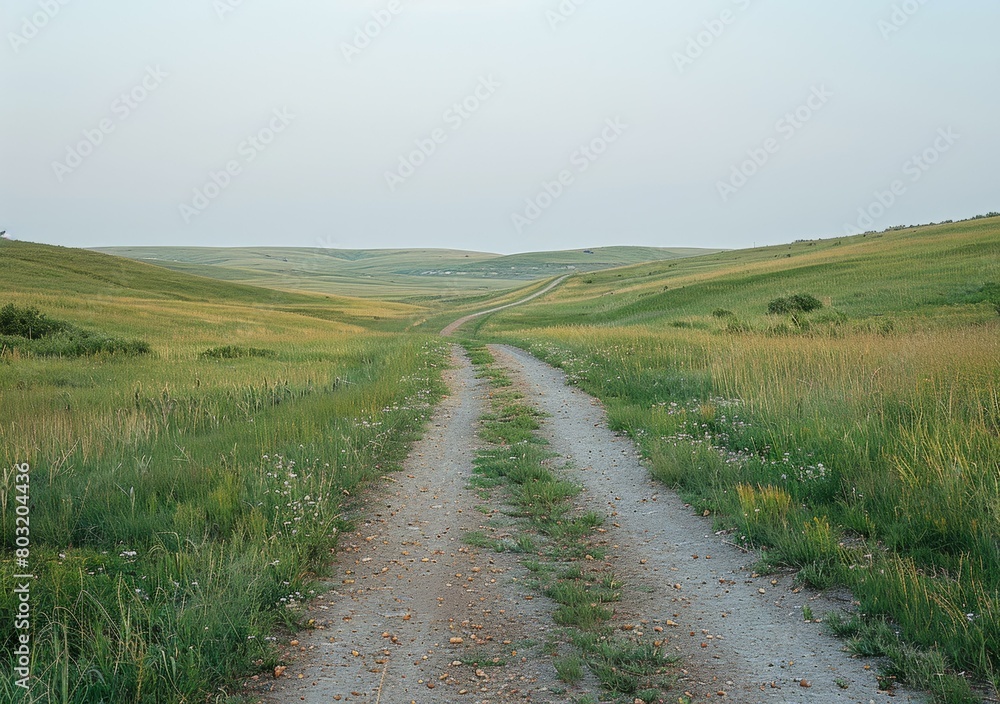 Prairie road through the green hills Prairie road through the green hills
