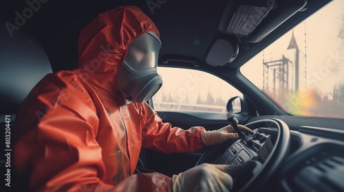 Car painter in protective clothes and mask painting photo