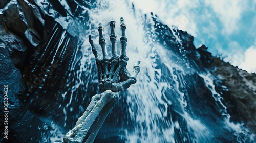 Photorealistic skeletal hand emerging dramatically from cascading water
