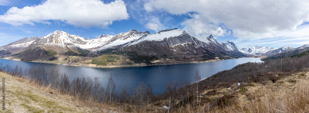 Panorama view of the Bjærangfjorden in April in Nordland county, Norway