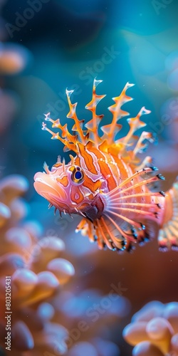 A red and white striped lionfish with spiky fins photo