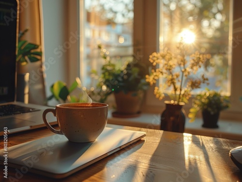 A cup of coffee on a table near a window