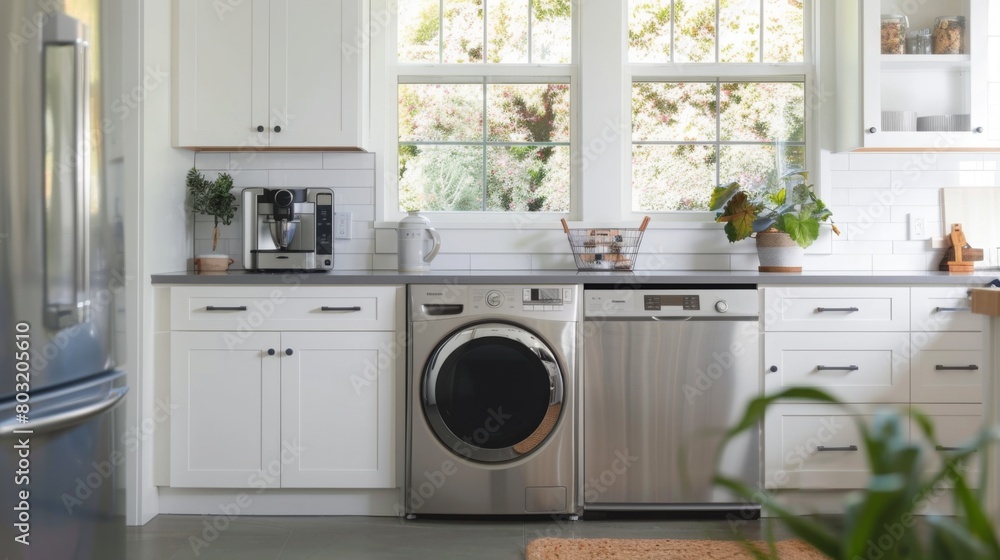 A washer and dryer combo integrated into a bright kitchen with white cabinetry and greenery. A washer and dryer combo integrated into a bright kitchen with white cabinetry and greenery.