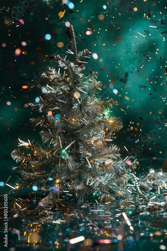 tinsel foil christmas tree on a dark green background, silver confetti, bright holographic shine