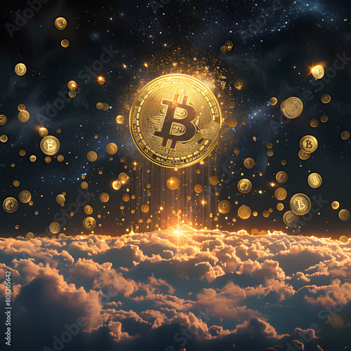 Cryptocurrency Abundance: Golden Bitcoin Rain Against Starry Night Sky