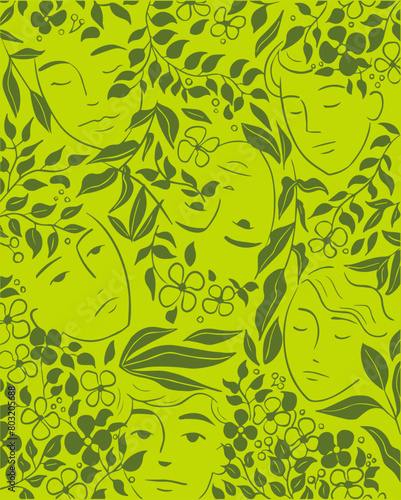 Abstract floral and foliage pattern with faces. Vector art with green background