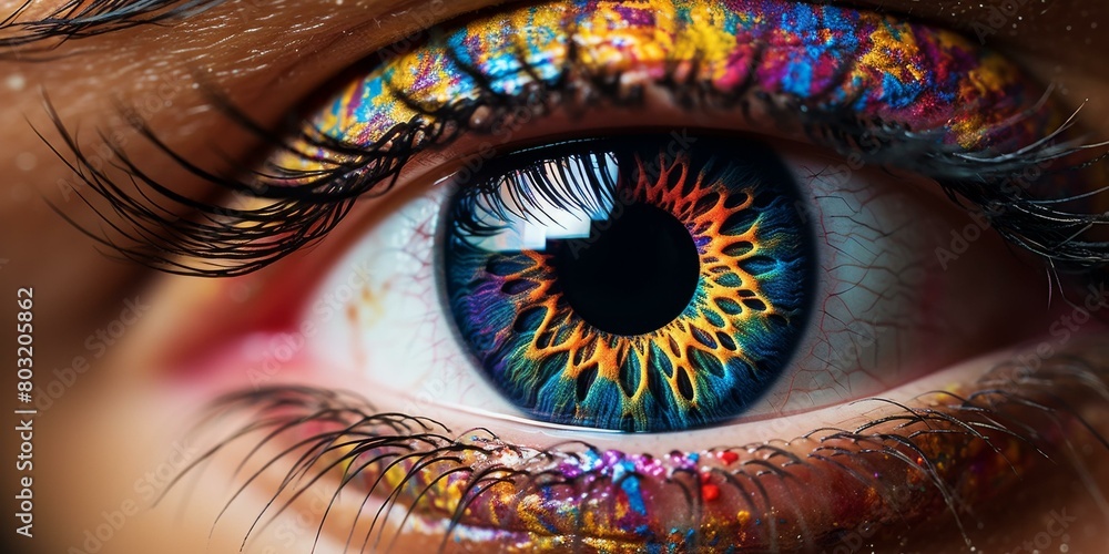 A close-up image of a woman's eye with bright and colorful eye makeup.