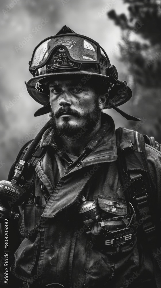 Obraz premium Black and white photo of a firefighter in full gear, ready for duty