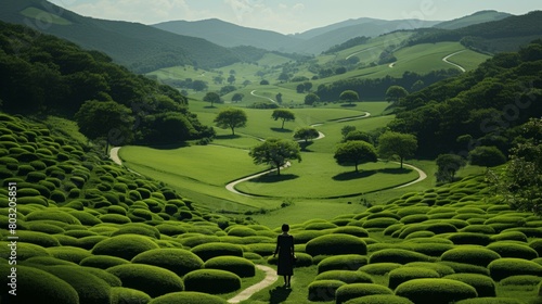 A woman standing alone in a lush green field of tea plants photo