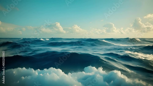 A view of the vast ocean with waves, a boat sailing on the water, blue skies overhead, and seagulls flying in the distance. photo