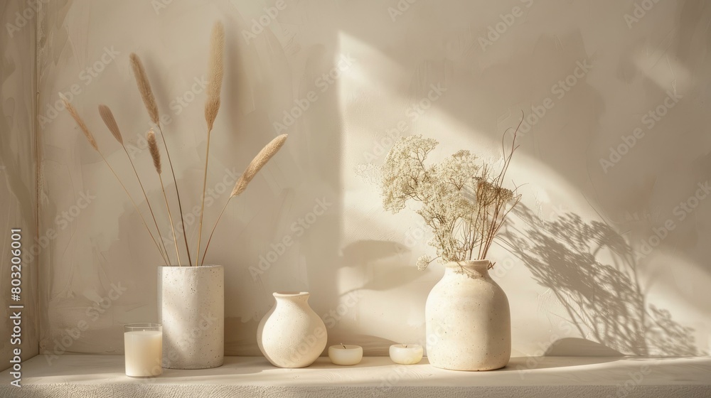 Dried flowers and candles on a shelf against a beige wall Dried flowers and candles on a shelf against a beige wall